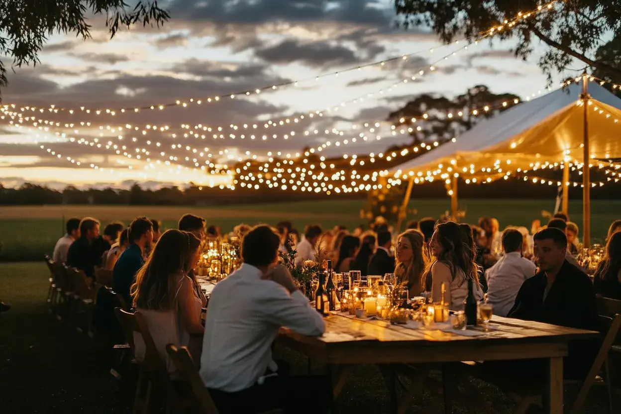 Wedding reception under festoon lighting on the paddock after dark at Adeline Estate, Hunter Valley