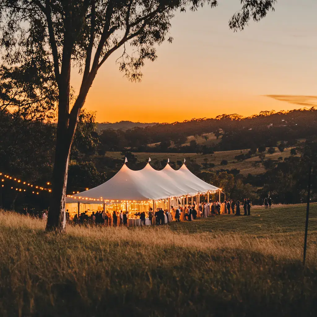 Marquee reception at golden hour