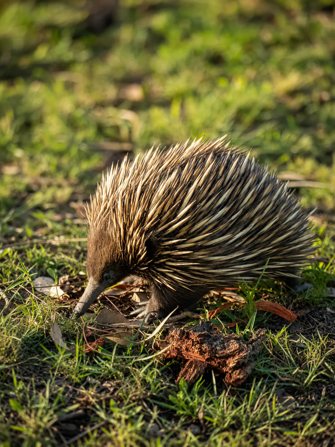 Short-beaked echidna foraging through leaf litter in the bushland at Adeline Estate