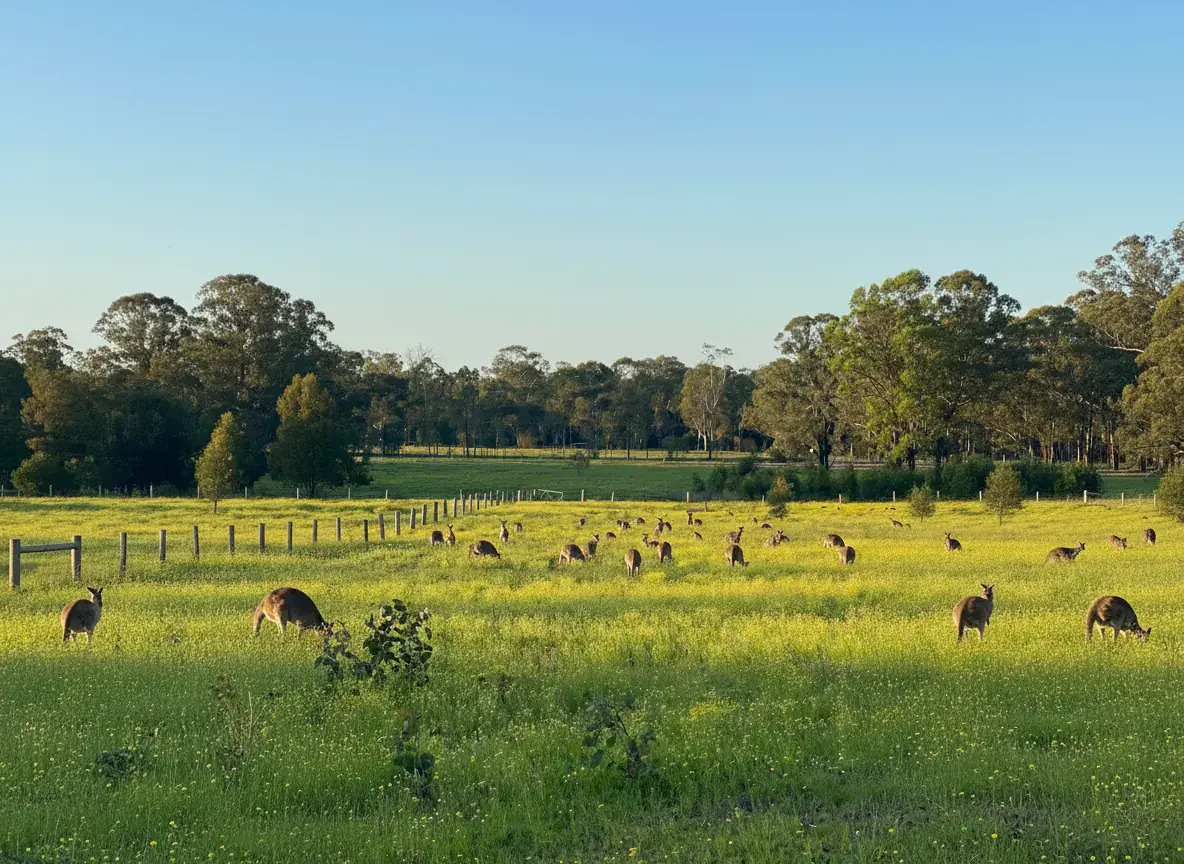 Mob of eastern grey kangaroos grazing across the open paddock at Adeline Estate