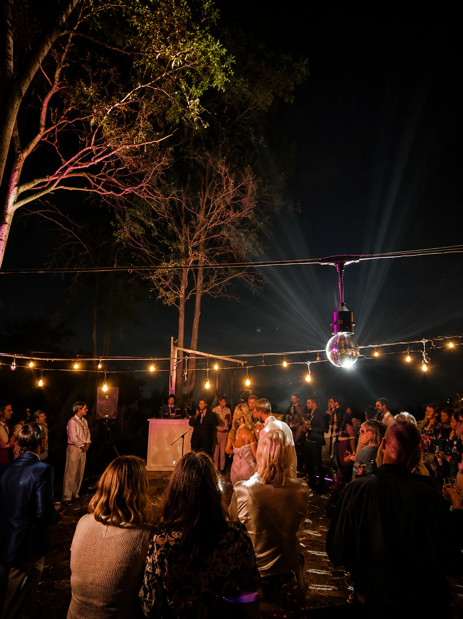 Wedding guests gathered under festoon lights and a mirror ball for an open-air evening reception beneath the gum trees at Adeline Estate