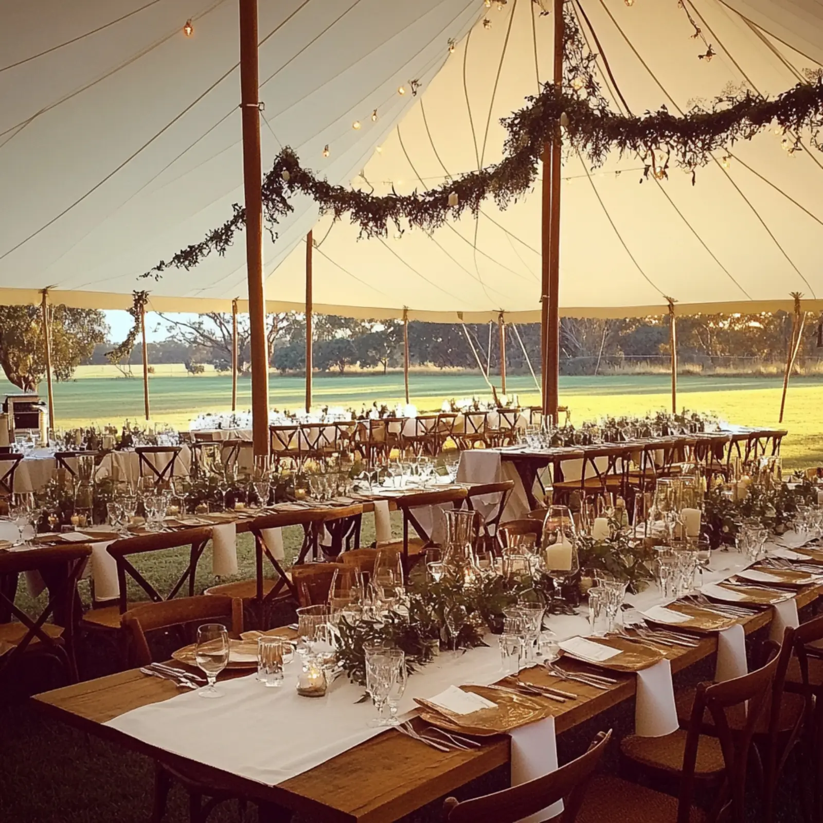 Long wedding tables styled with greenery, candles and festoon lights inside a sailcloth marquee at sunset, Adeline Estate