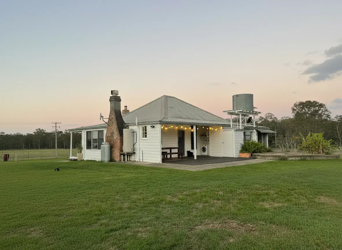 Weatherboard farmhouse with wrap-around verandah and lawn frontage at Adeline Estate, Hunter Valley
