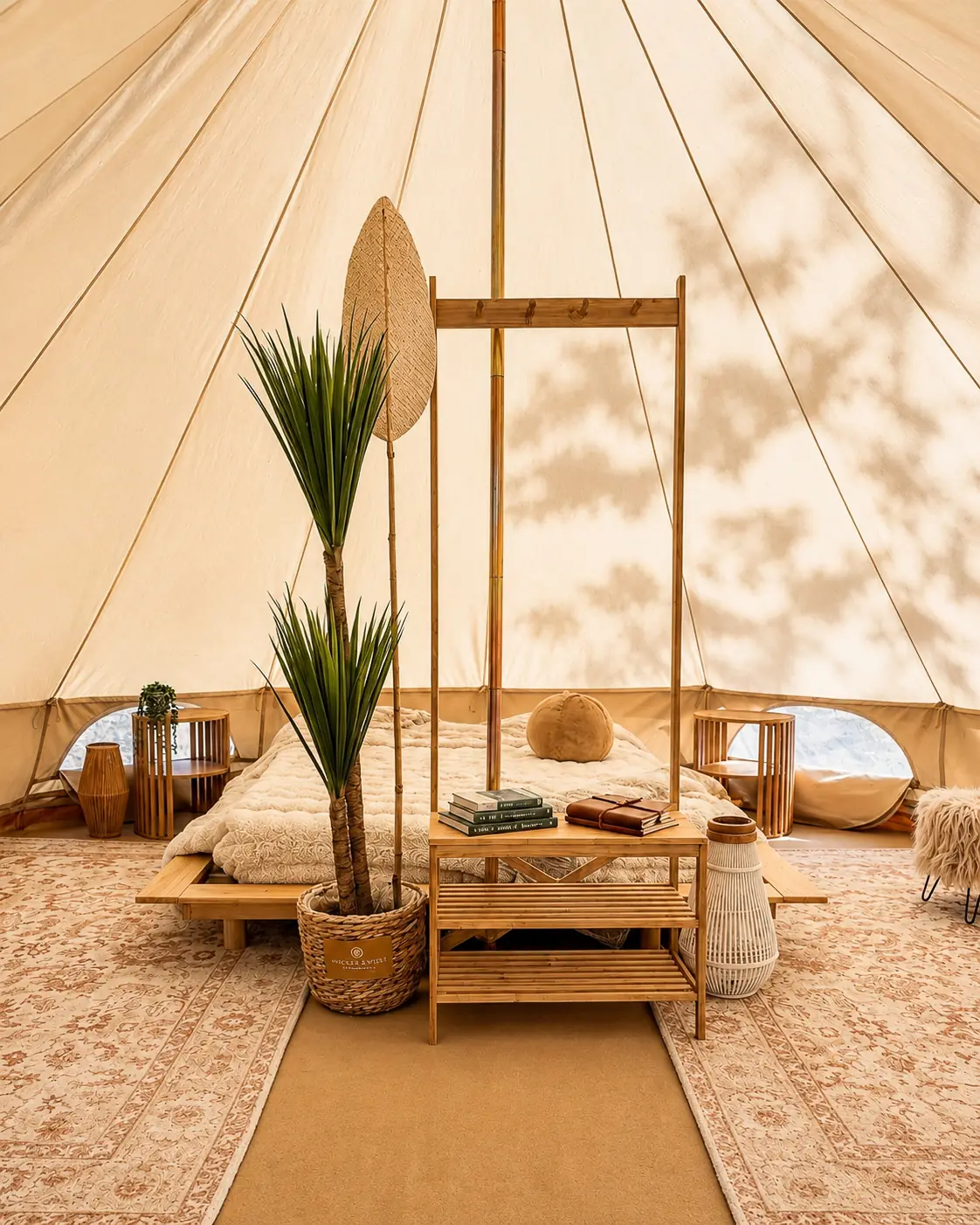 Styled queen bed inside an Adeline Estate glamping bell tent