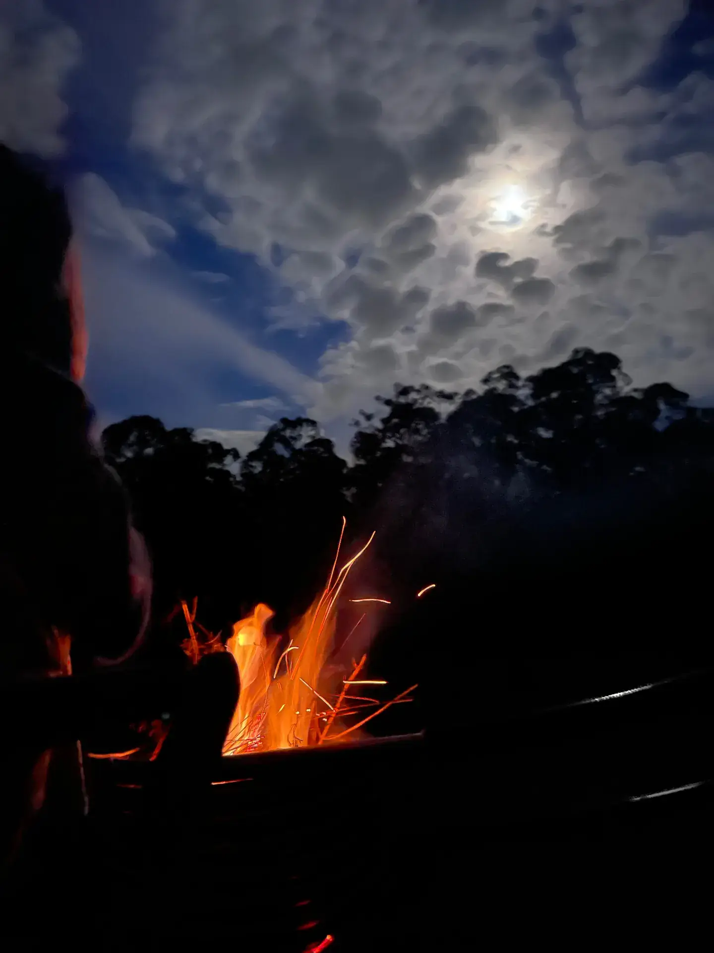 Fire pit glowing under moonlight at Adeline Estate
