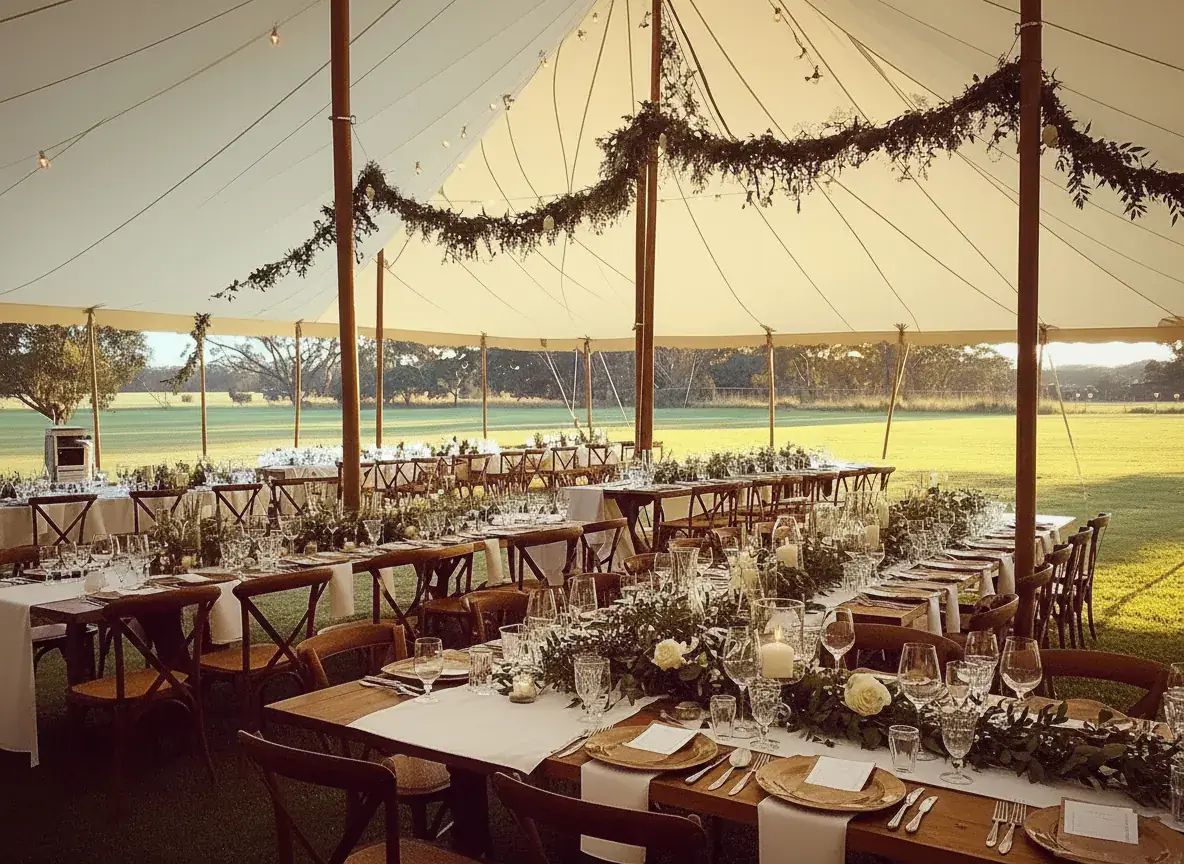 White sailcloth marquee set up across open green paddocks under a clear sky at Adeline Estate, Hunter Valley