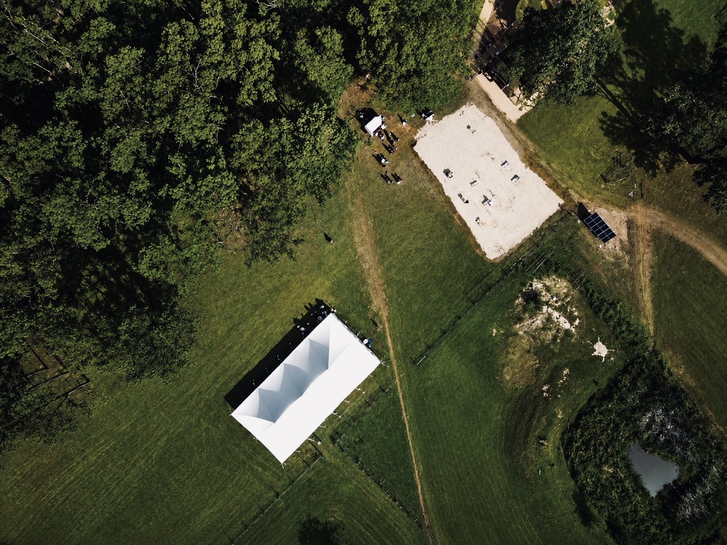 Aerial view of a spider marquee set up in the paddock at Adeline Estate