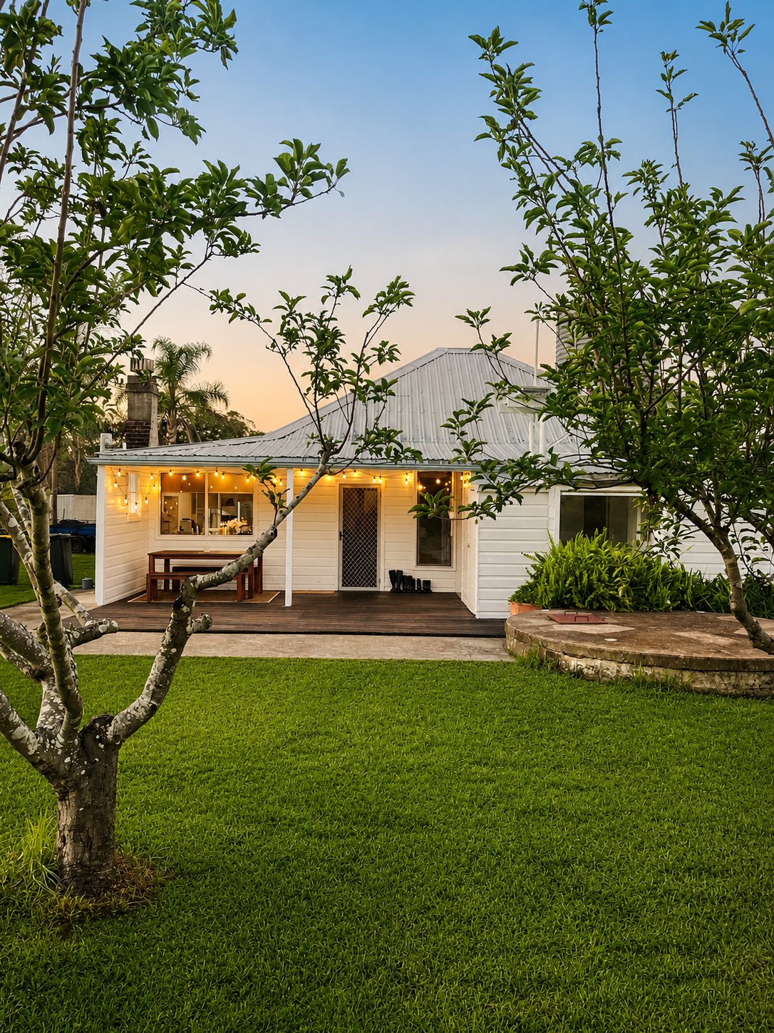 The homestead and front lawn at dusk with the whole property to yourselves