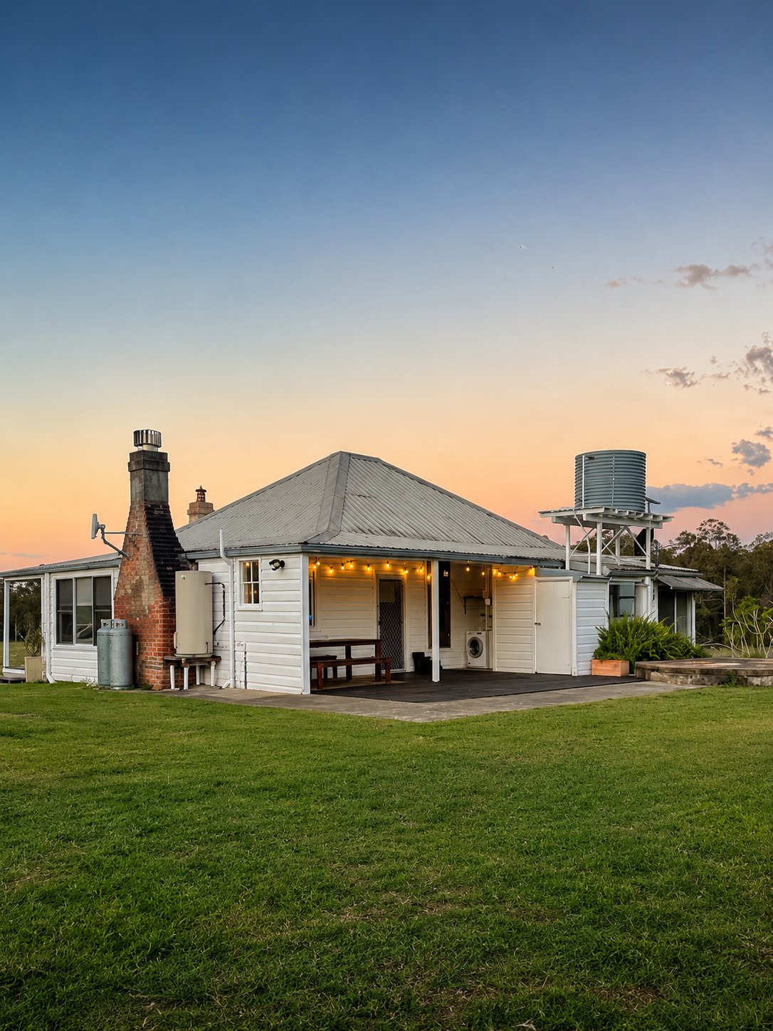 The homestead at dusk with festoon lights
