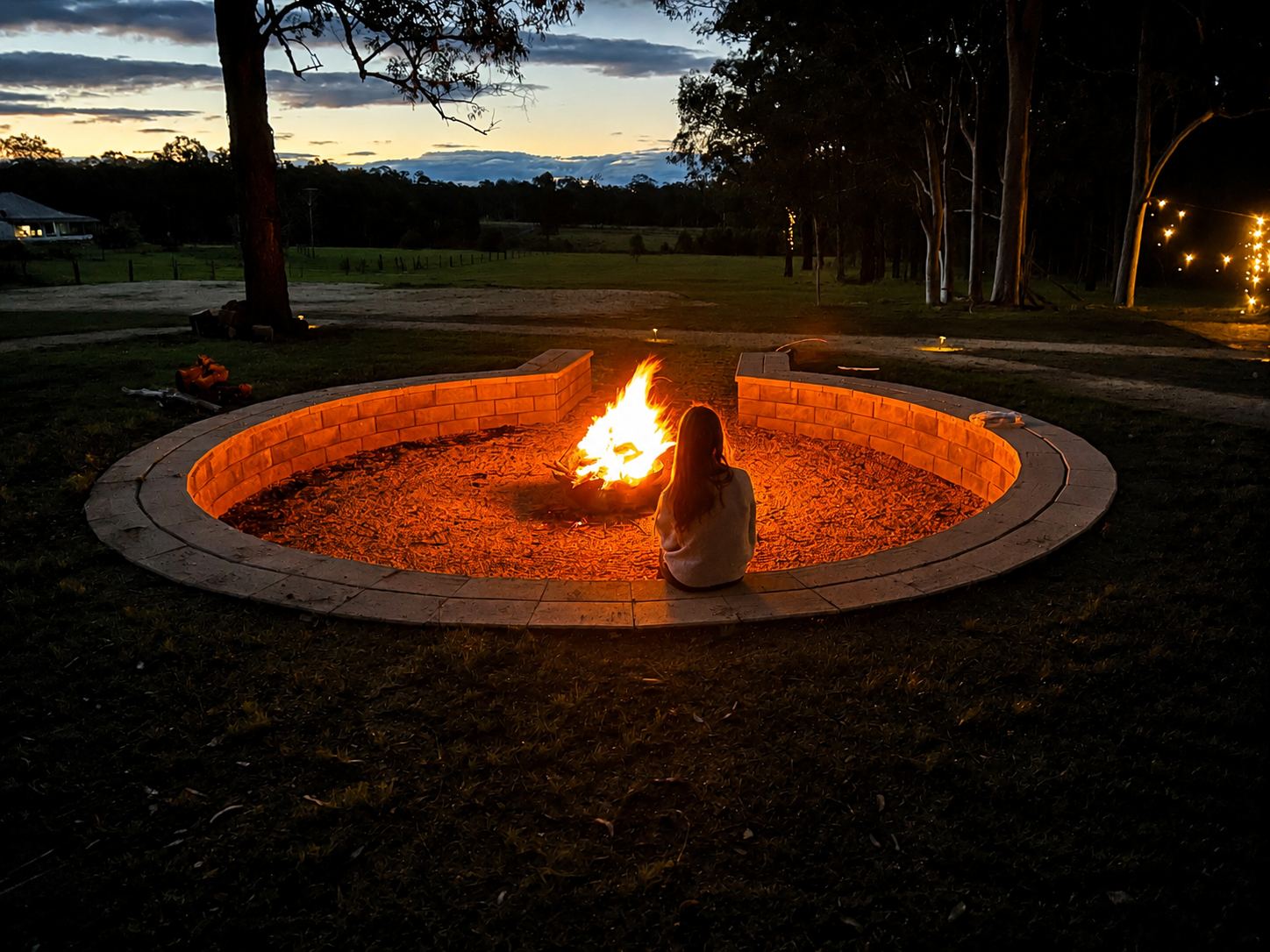 Guests gathered around the fire pit at dusk watching the sky