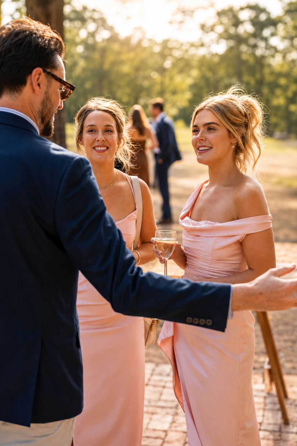 Guests greeting each other at golden hour with the paddock behind