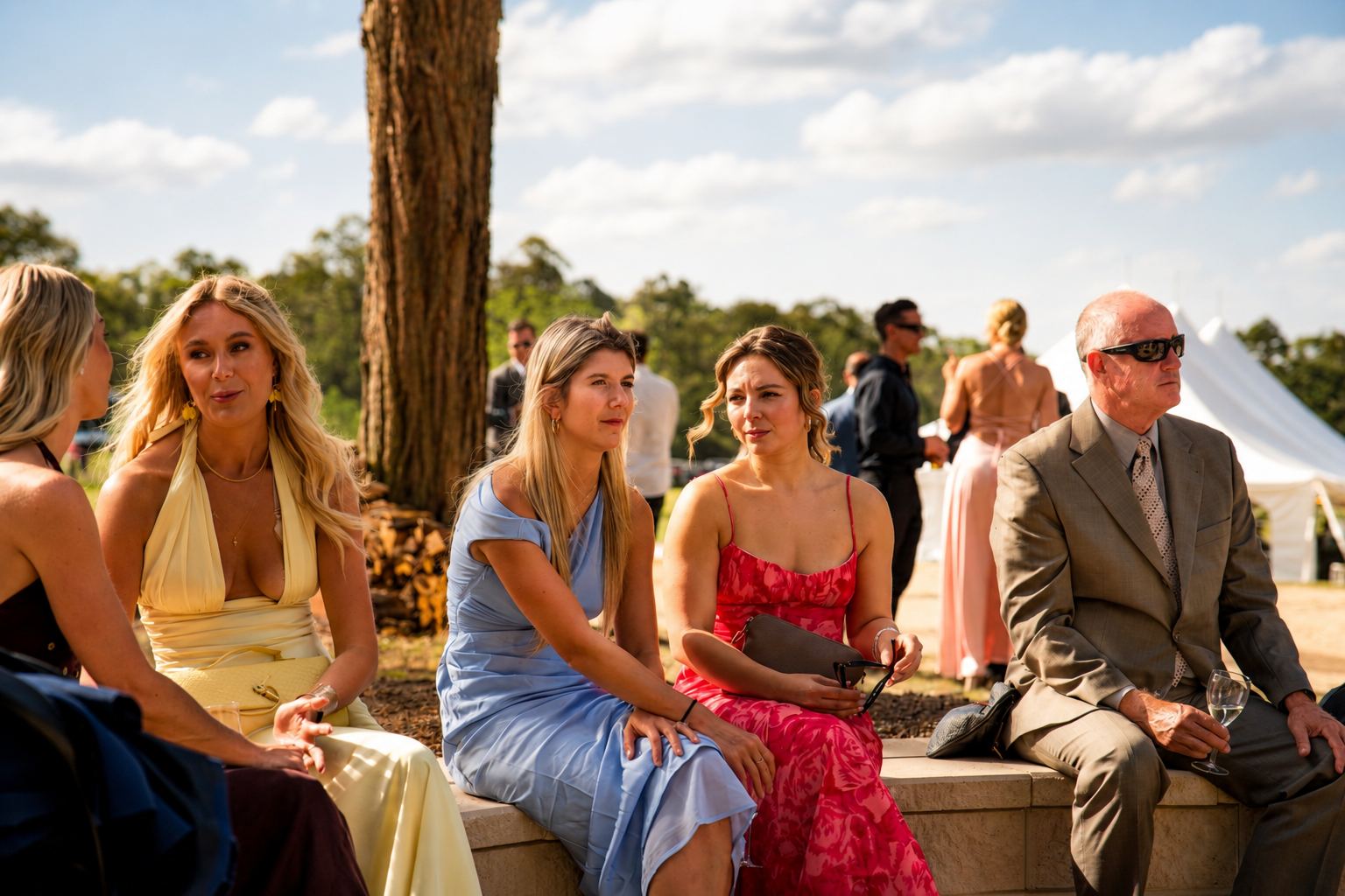 Guests sitting along a stone wall with plates and drinks