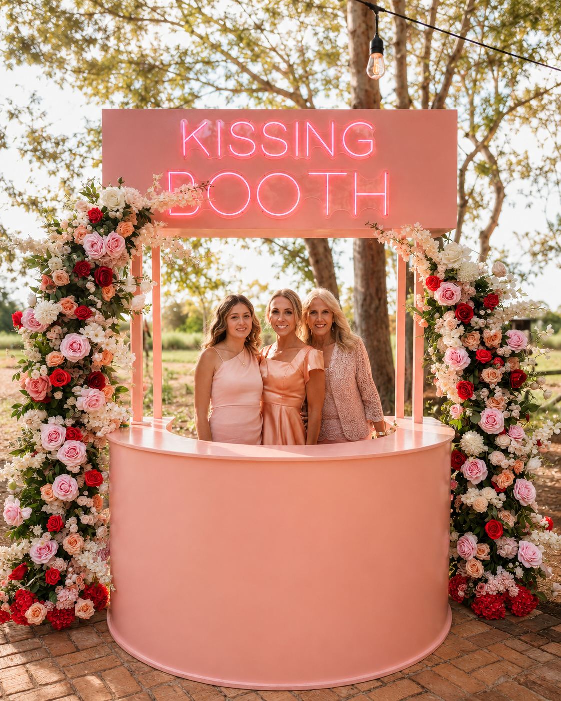 Three guests posing together in the kissing booth at night