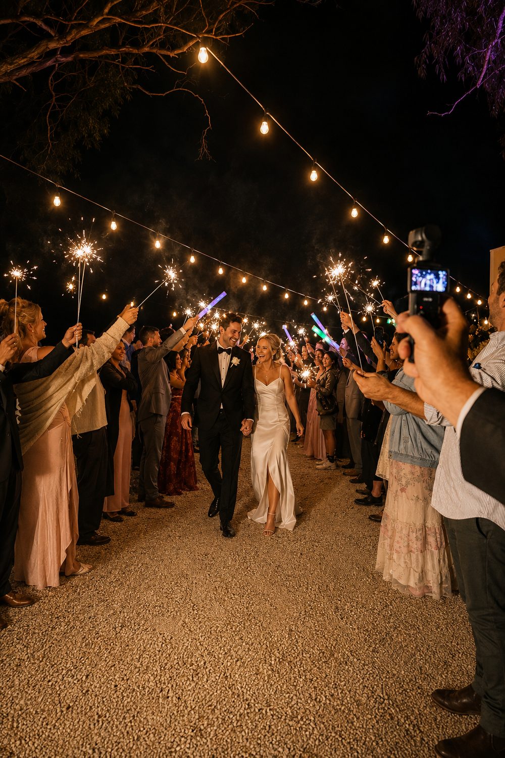 Bride and groom walking through a sparkler send-off under festoon lights at their Hunter Valley wedding