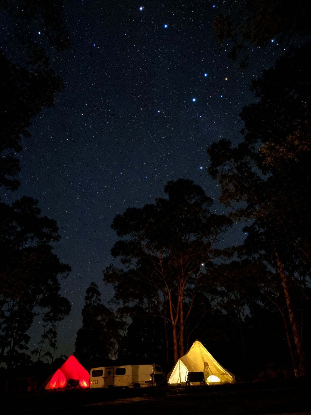 Bell tents lit under a clear night sky full of stars