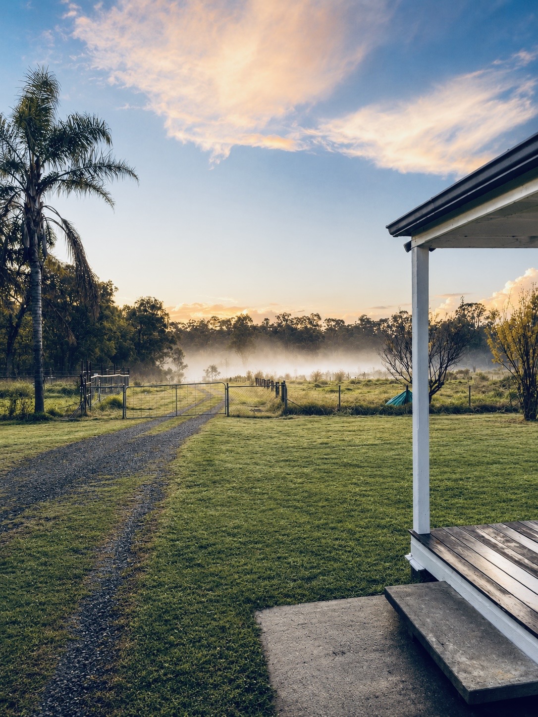 The homestead verandah on a misty morning