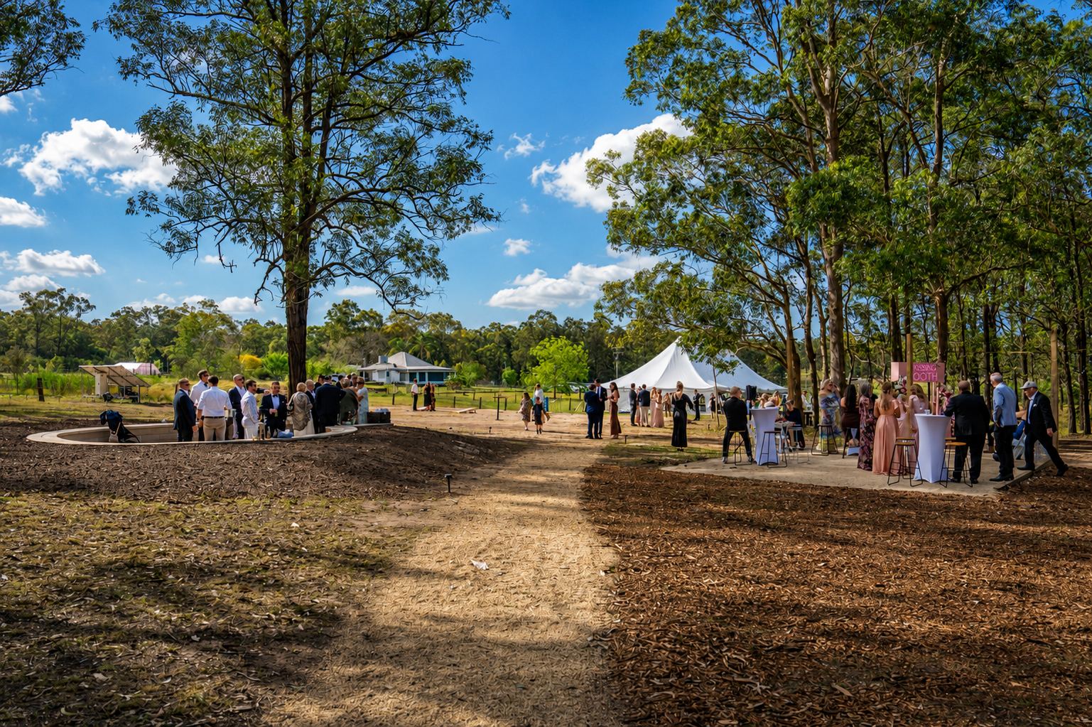 The wedding party walking through the paddock