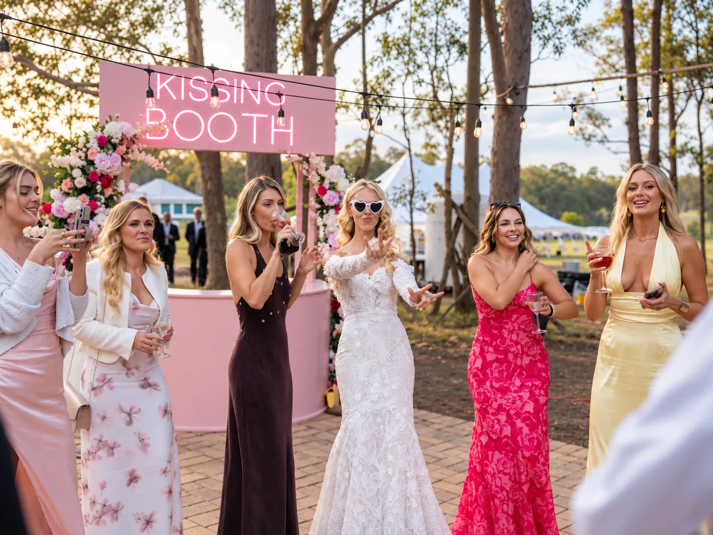 Bride and wedding guests celebrating beside a pink kissing booth under festoon lights.