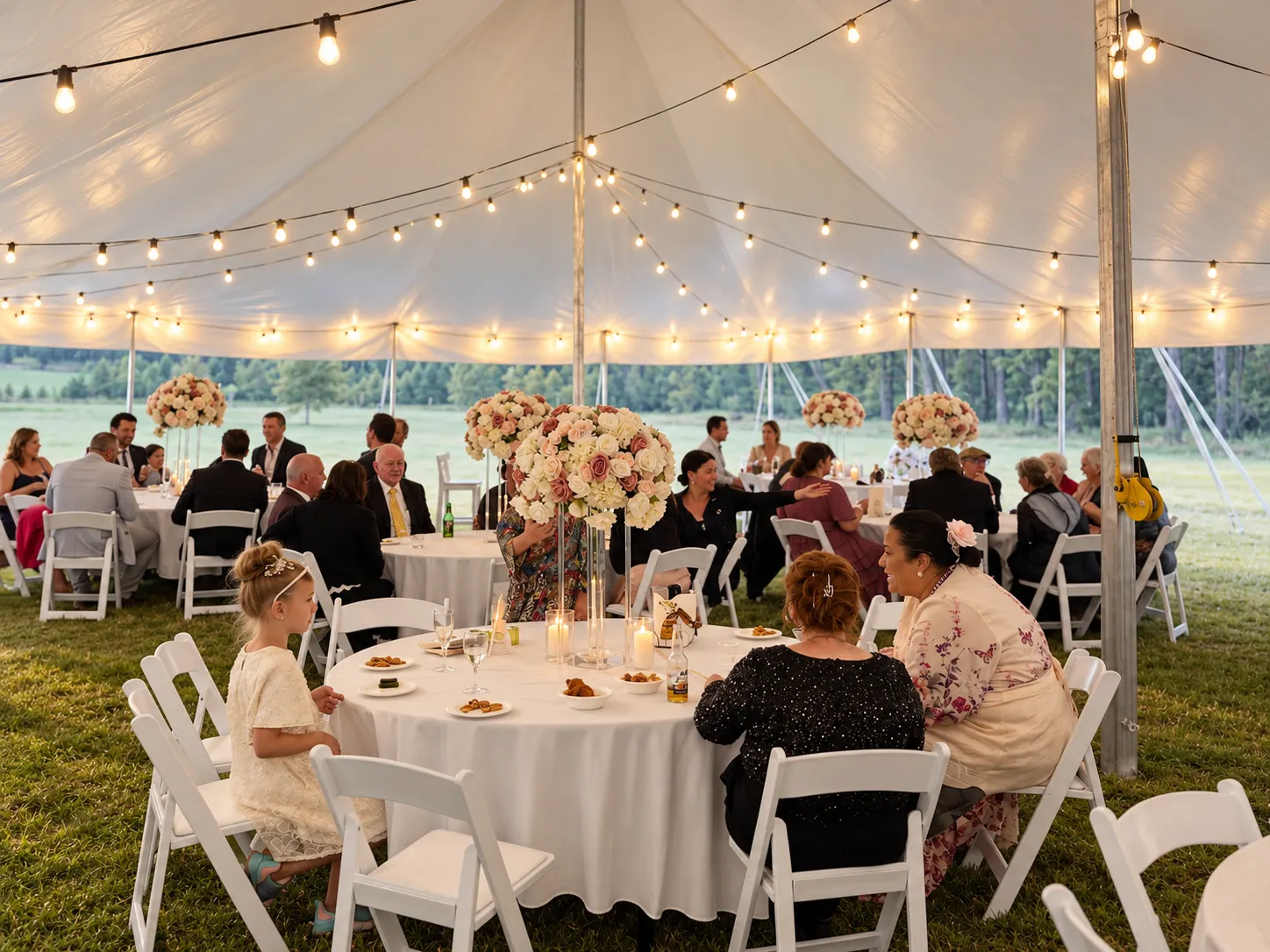Wedding guests seated at round tables with tall floral centrepieces beneath festoon lights inside a white marquee.