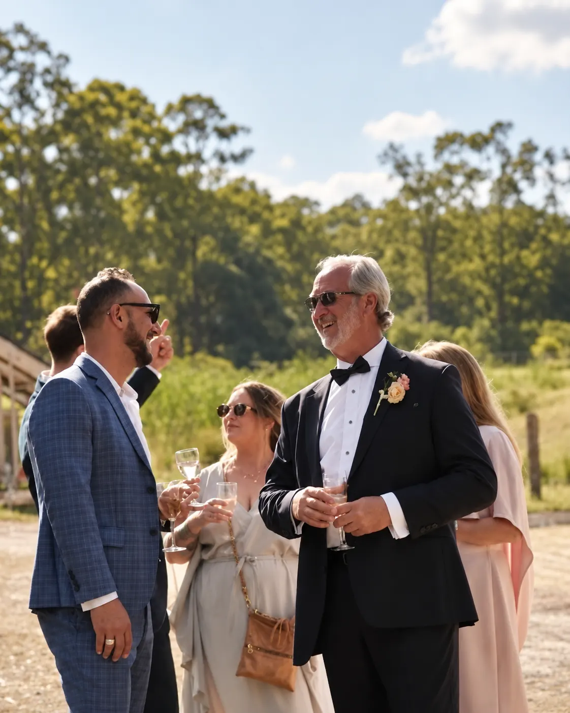 Wedding guests in formal clothes chatting with drinks in the sunshine, with trees behind them.