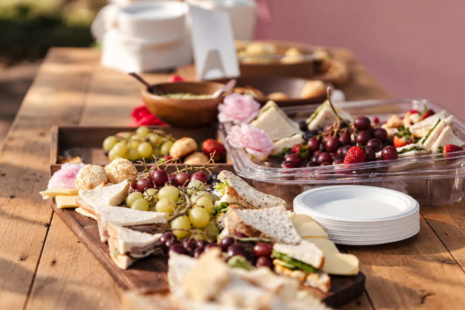 Sandwiches, grapes, strawberries and cheese arranged on platters on a sunlit wooden table.