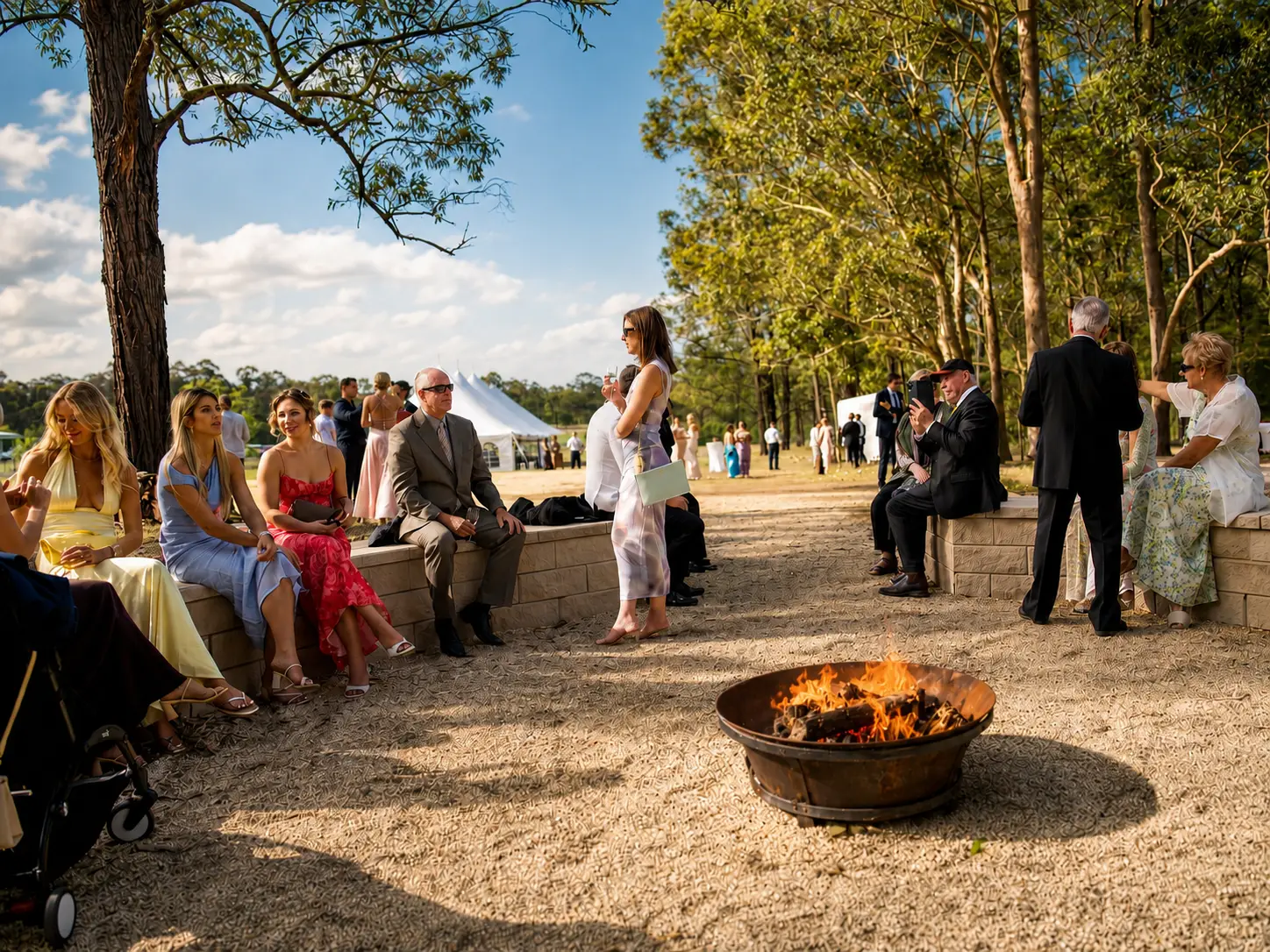 Wedding guests gathered around the lit fire pit on a sunny afternoon at Adeline Estate